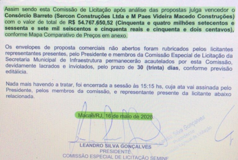 Prefeitura de Macaé esperou CNPJ de consórcio sair para homologar resultado de concorrência de mais de R$ 50 milhões cujo vencedor já era conhecido 21 dias antes